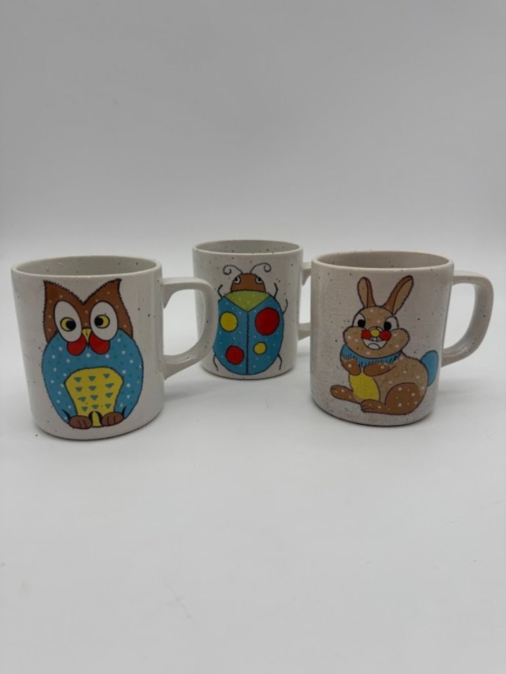 Vintage 1970s Speckled Stoneware Mug Set of 3 Owl Ladybug Bunny Retro Kitsch